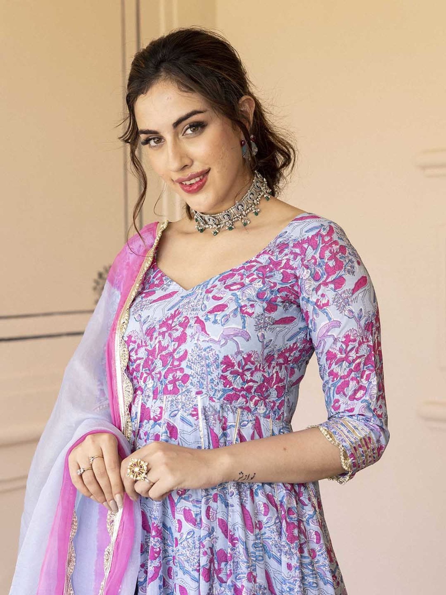 AACHHO Blue Siria Cotton Anarkali Suit Set