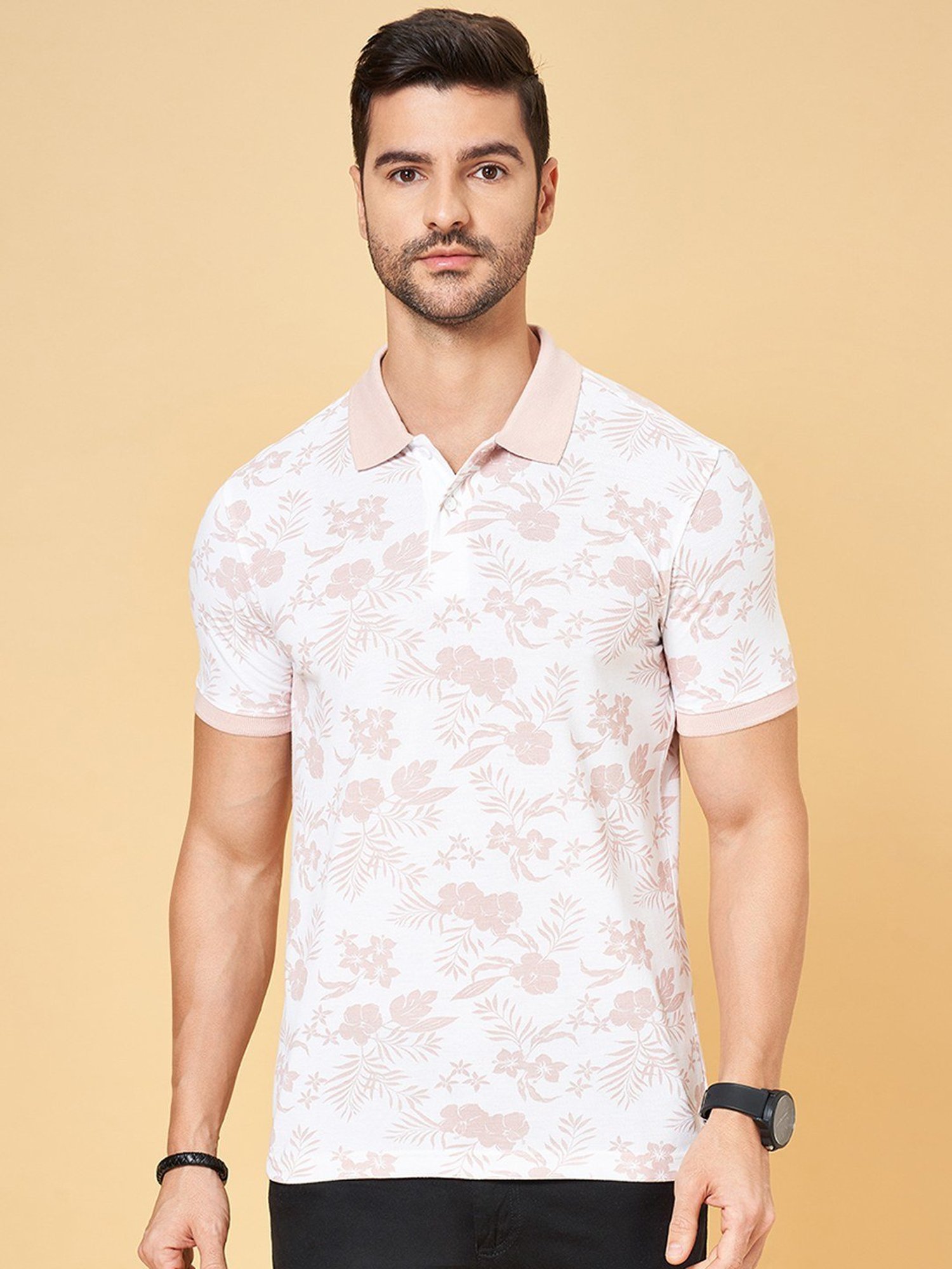 Byford by Pantaloons Pink Cotton Slim Fit Printed Polo T-Shirt