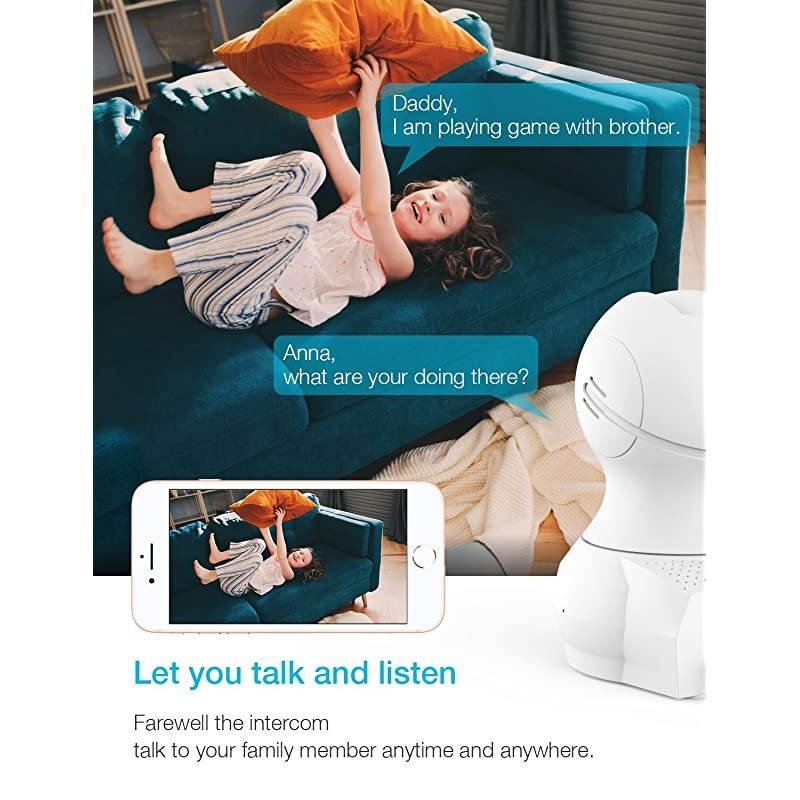 Baby Monitor WiFi Smartphone,  WiFi Baby Monitor with Camera and Audio, Pet Camera with Cloud Storage Two Way Audio Remote Viewing Pan Tilt Zoom Night Vision Motion Detect for Indoor Home