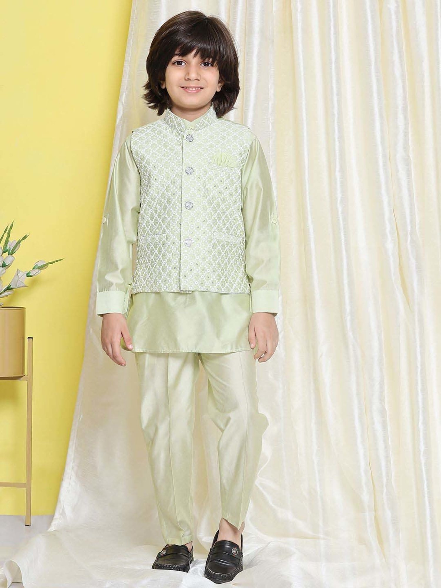 AJ Dezines Kids Green Embroidered Full Sleeves Kurta Set