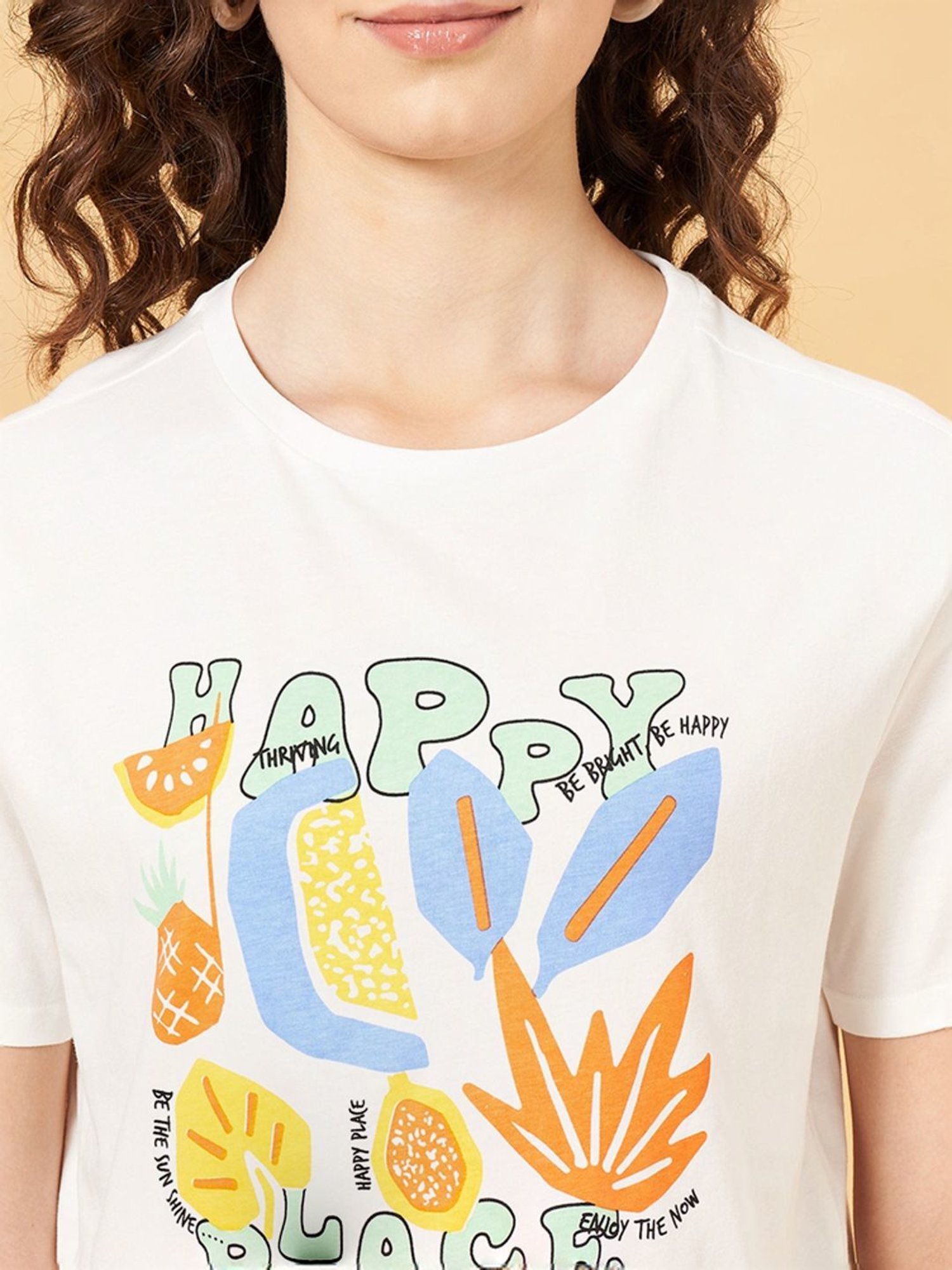 People by Pantaloons White Cotton Printed T-Shirt