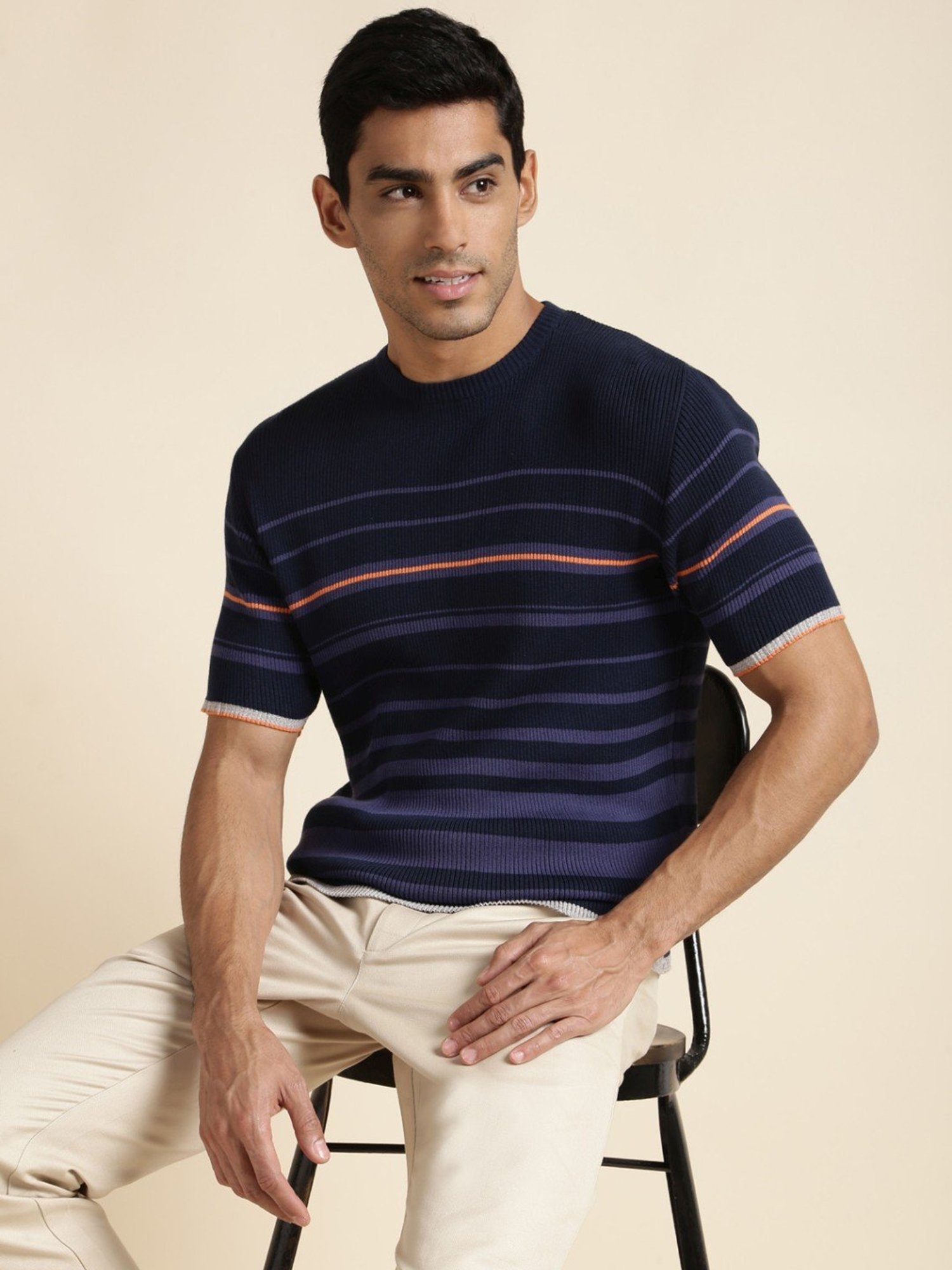 Andamen Navy Regular Fit Striped T-Shirt