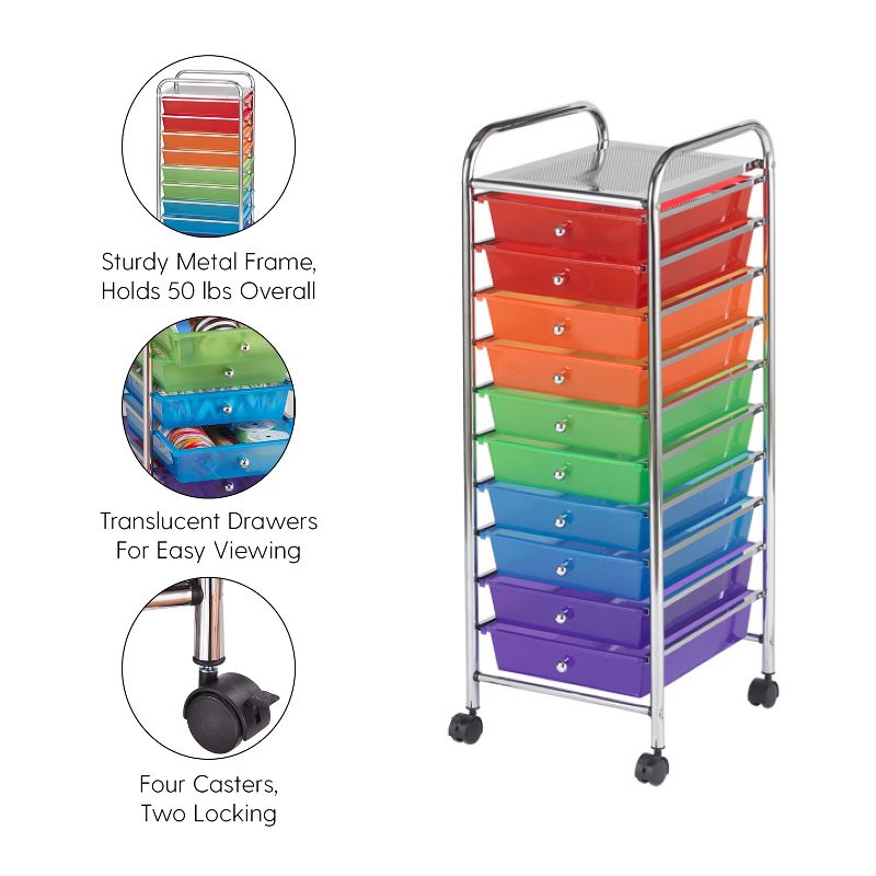ECR4Kids 10-Drawer Plastic Mobile Organizer, Rolling Cart for Storage - Assorted