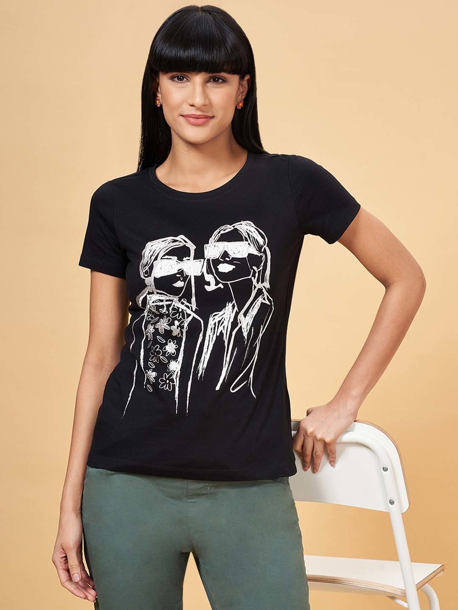 Honey by Pantaloons Black Cotton Printed T-Shirt