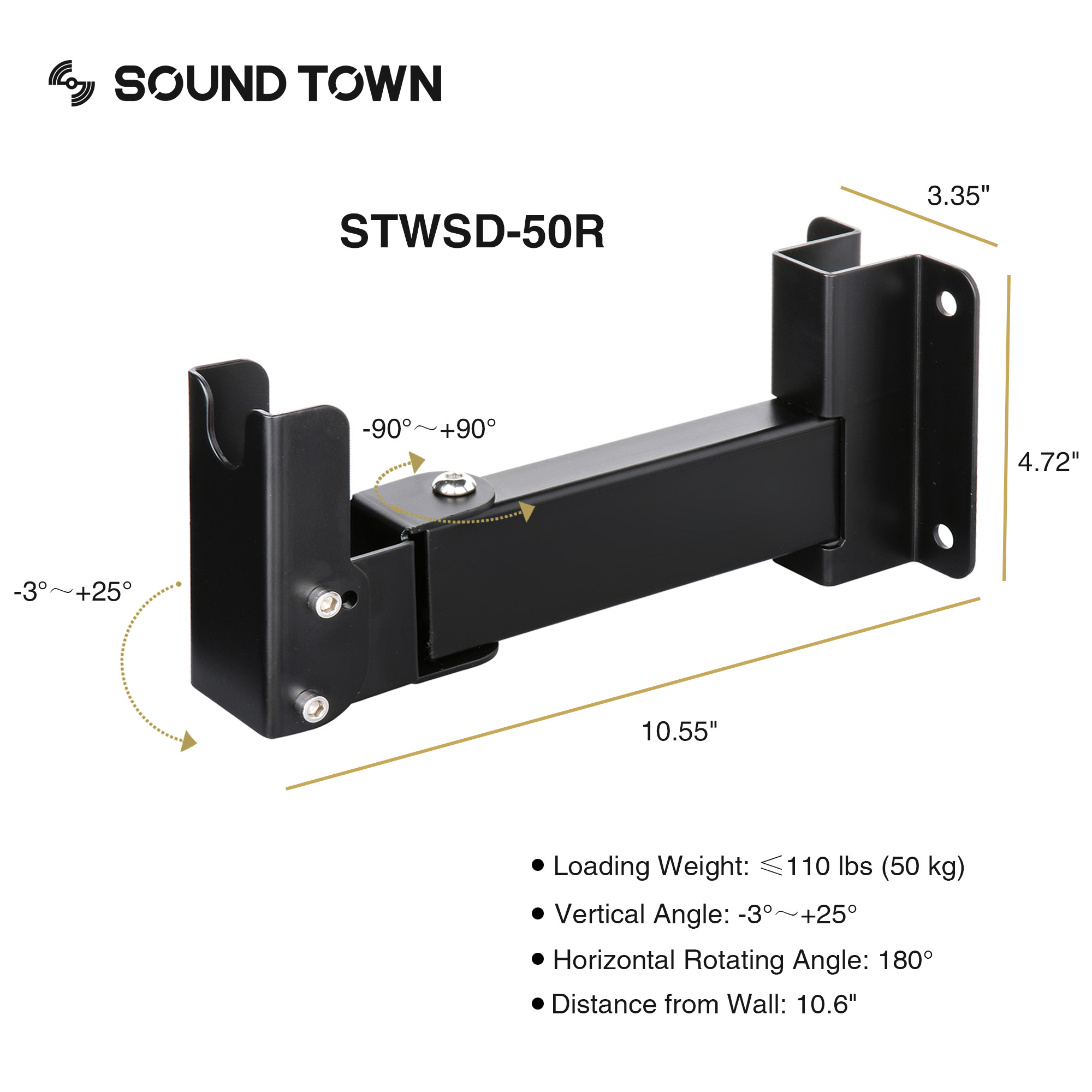 Sound Town 2-Pack Adjustable Wall Mount Speaker Brackets with 180-degree Swivel, 28-degree Tilt Adjustment, Speaker Connectors (STWSD-50R-PAIR)