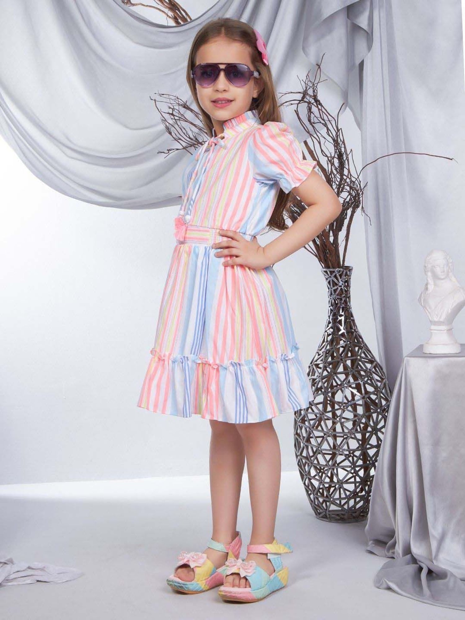 Peppermint Girls Multicolor Cotton Striped Dress
