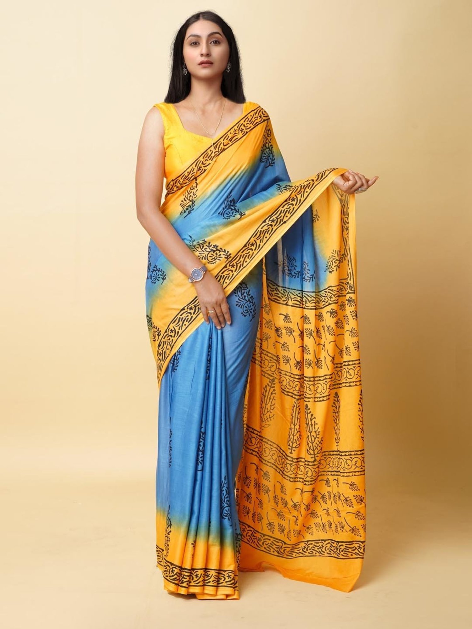 Unnati Silks Blue & Mustard Cotton Printed Saree With Unstitched Blouse