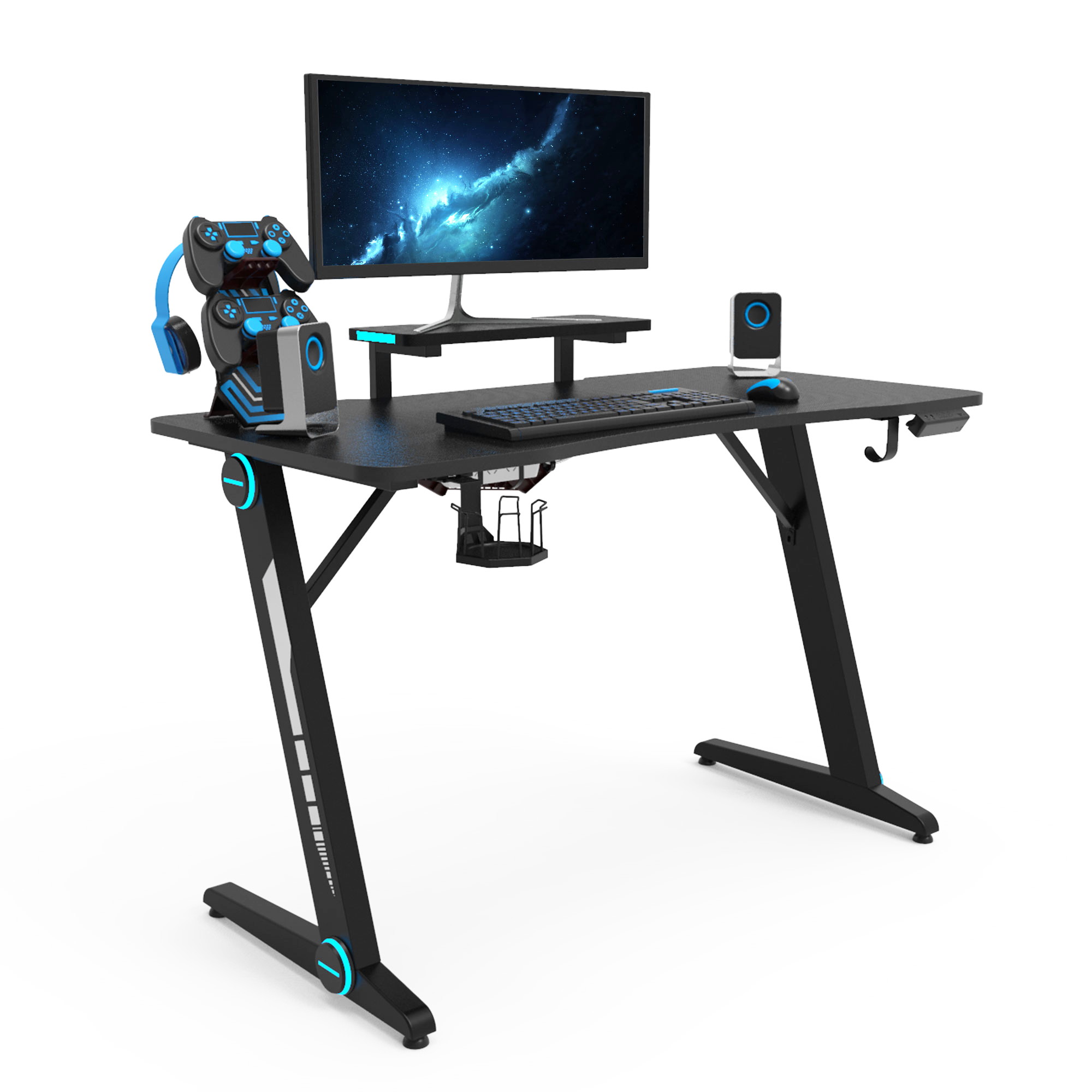 Gaming Desk Z-Shaped Computer Desk Gamer Workstation Gamer Table with RGB Lights Monitor Stand Carbon Fiber Surface Cup Holder Headphone Hook Plug Board Holder