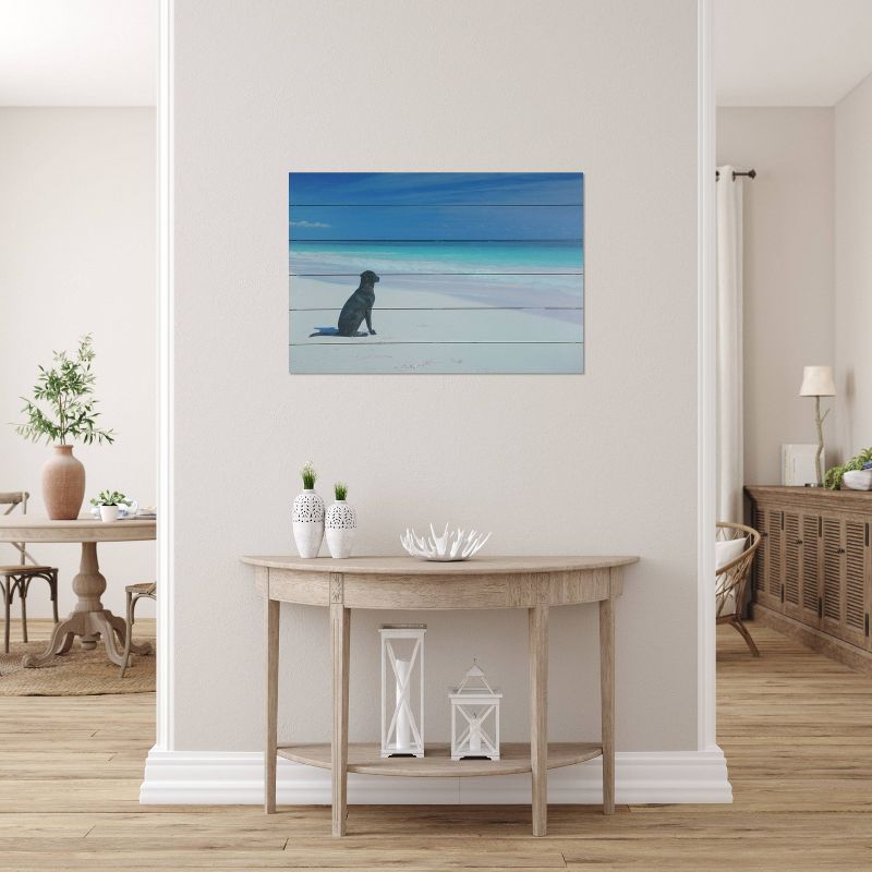 18" x 26" Dog on Beach Print on Planked Wood Wall Sign Panel Blue - Gallery 57