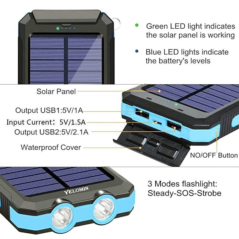 Solar Power Bank 20000mAh Portable Outdoor Mobile ChargerCamping External Backup Battery Pack Dual USB 5V 1A2A Outputs 2 Led Light Flashlight with Compass