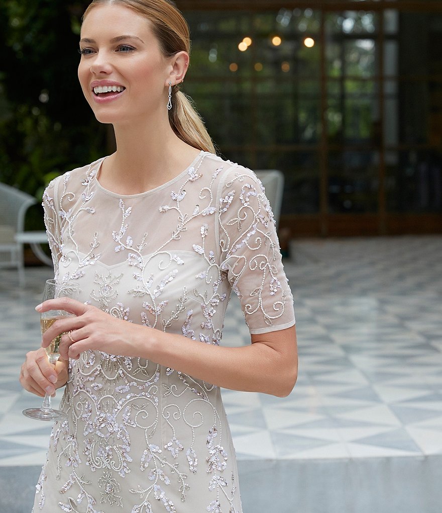 Adrianna Papell Beaded Illusion Jewel Neck Elbow Sleeve Gown