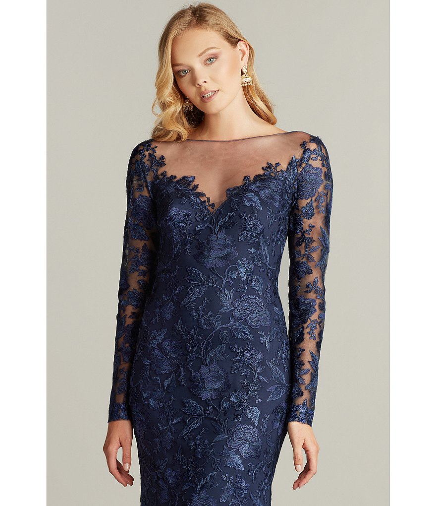 Tadashi Shoji Long Sleeve Illusion Neck Floral Embroidered V-Back Lace Gown