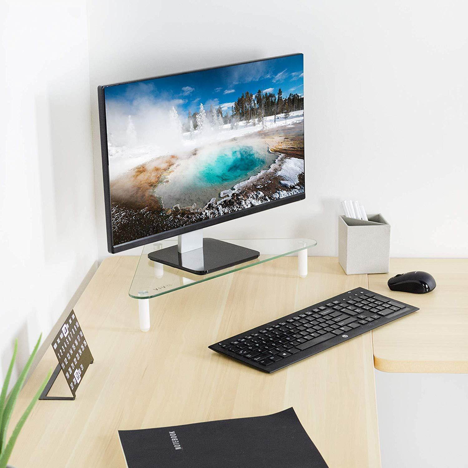 VIVO Glass Ergonomic Tabletop Riser | Triangle Desktop Corner Stand for Computer Monitor & Laptop (STAND-V000Q)