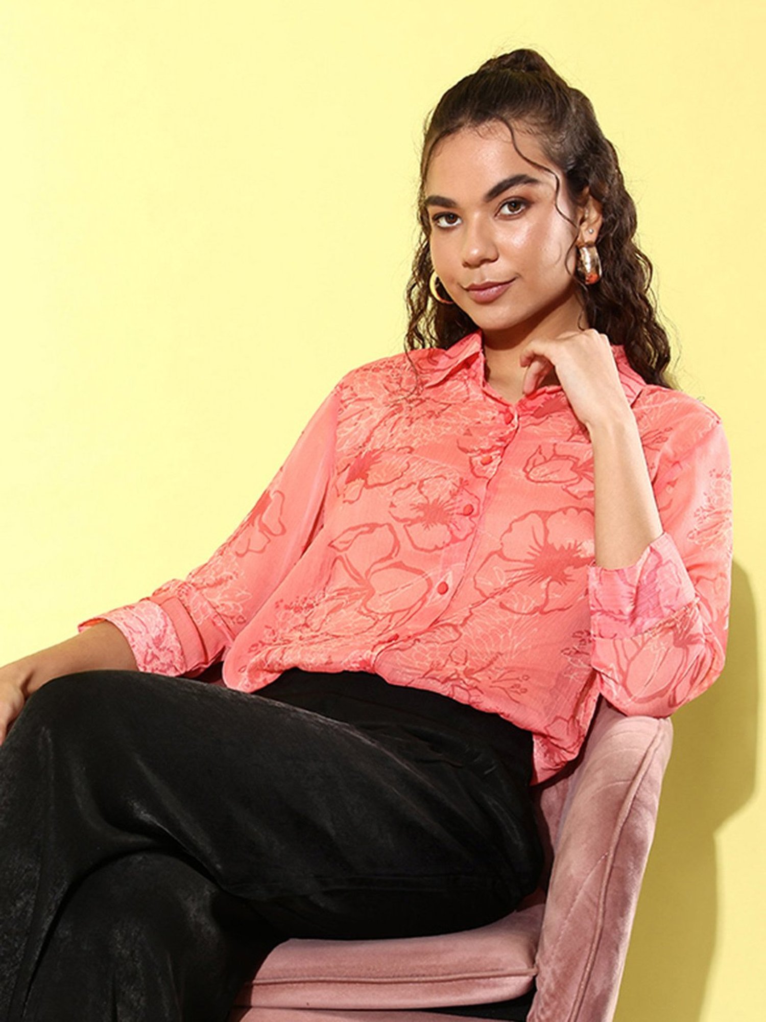 Anvi Be Yourself Peach Printed Long Shirt