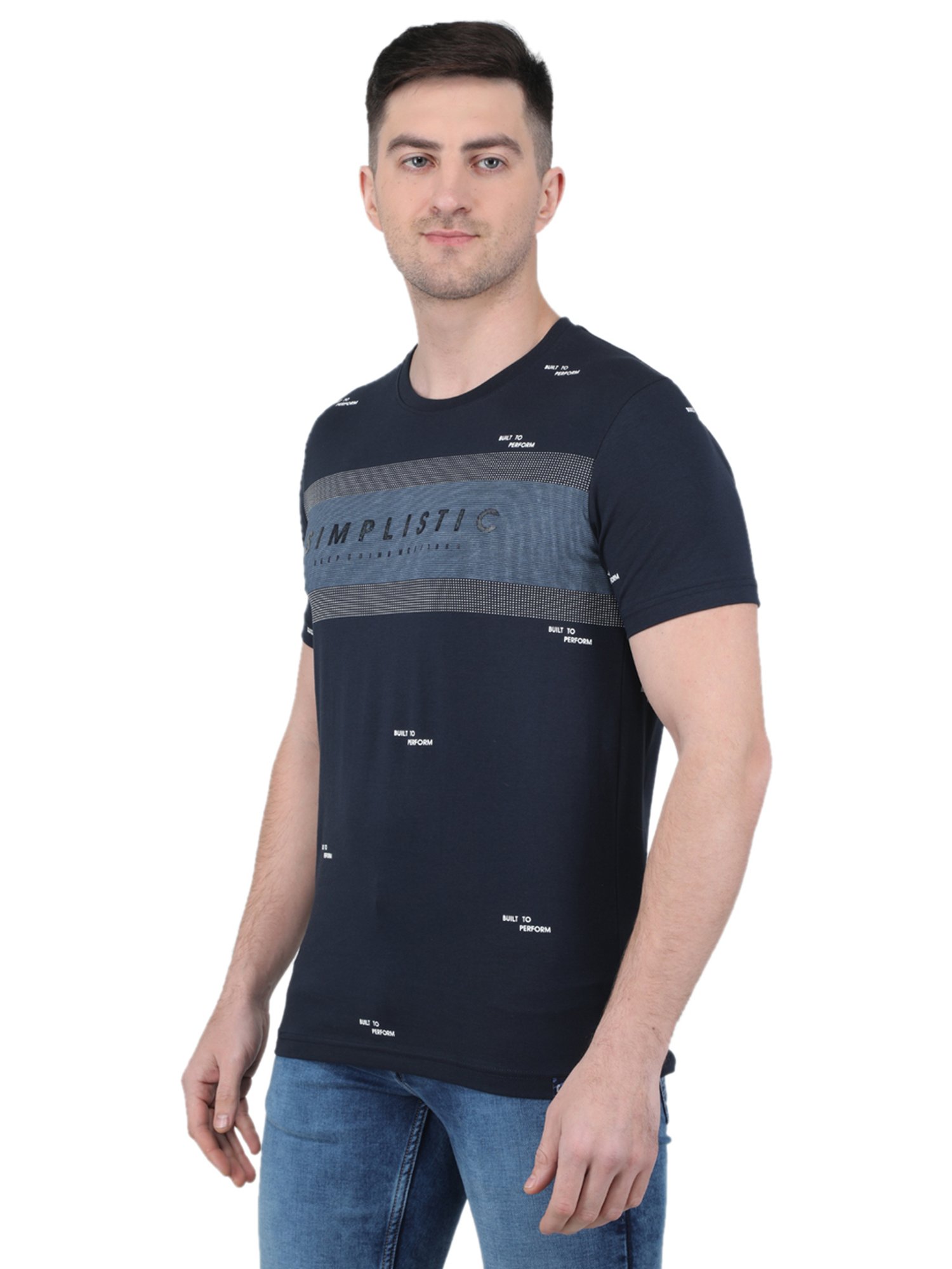 Monte Carlo Navy Regular Fit Printed Crew T-Shirt