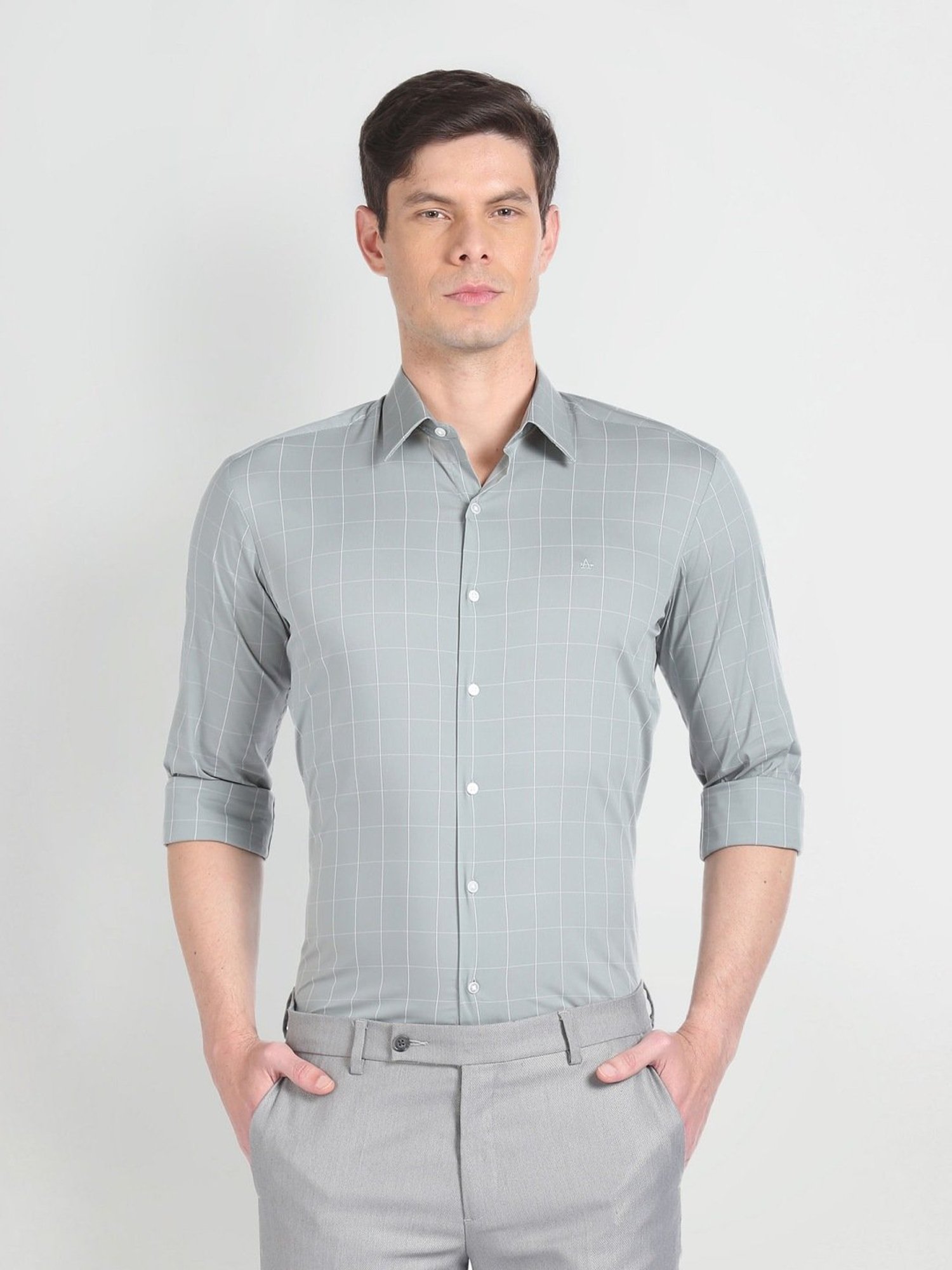 Arrow Newyork Green Cotton Slim Fit Checks Shirt