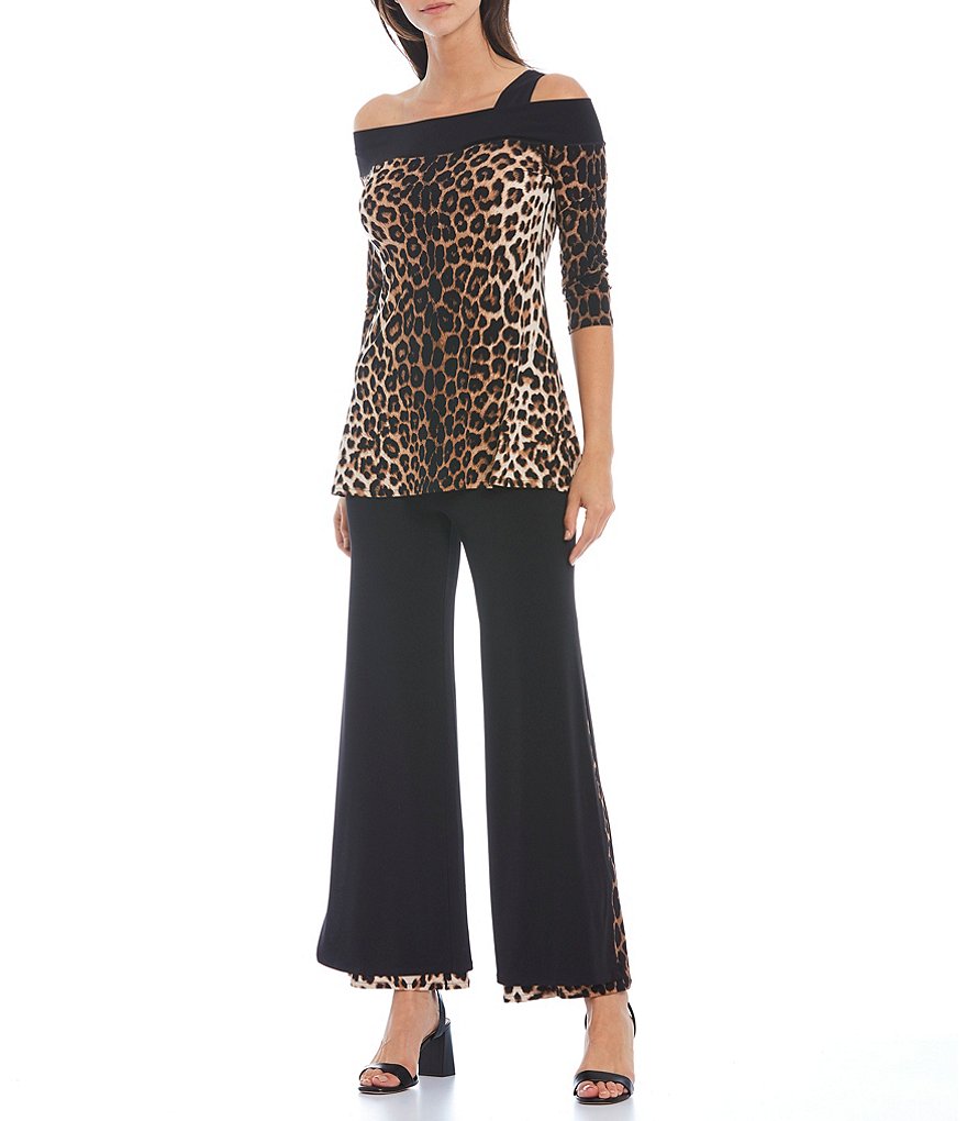 Eva Varro High Waist Solid Knit Leopard Print Leg Inset Coordinating Pants