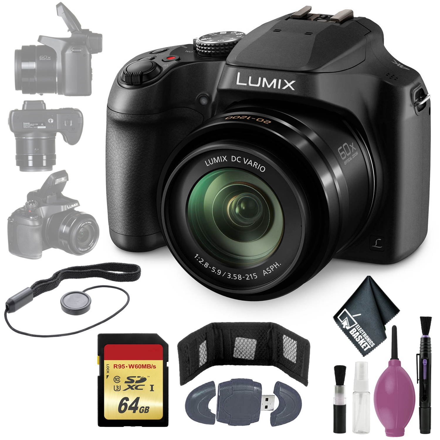 Panasonic Lumix DC-FZ80 Digital Camera - Cleaning Kit - Memory Card Wallet & Reader - 64GB Memory Card - Lens Cap Keeper + More