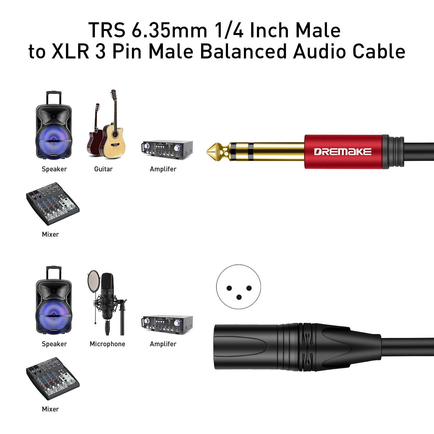 6.35mm to XLR,Jack 6.35mm (1/4 Inch) TRS Male to 3 PIN XLR Male Balanced Interface Cable (1pcs)