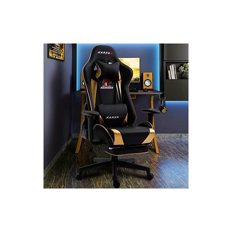 Adjustable Gaming Chair - Upgrade Office Mute Gaming Chair PC with Footrest and Lumbar Pillow Support Massage Comfortable High-Back PU Leather Computer Seat for Adults (Golden)