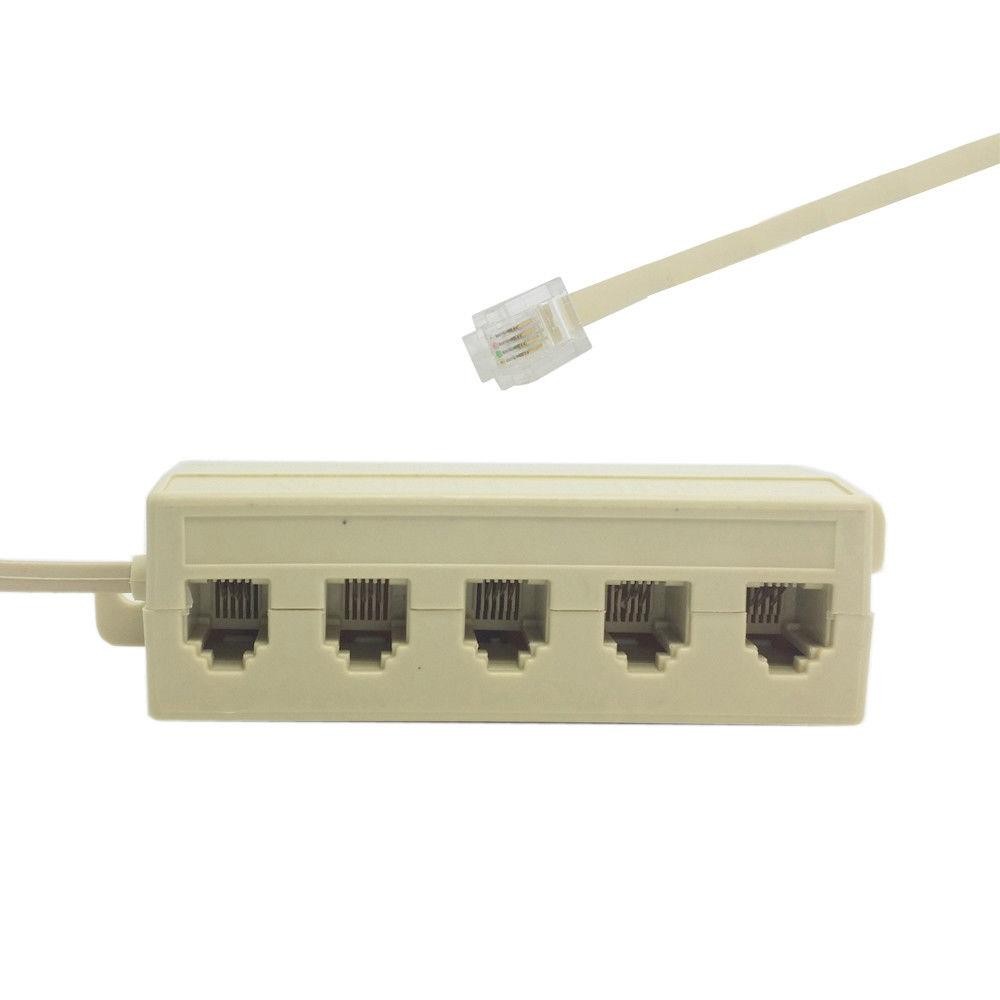 5 Way Outlet 6P4C RJ11 RJ12 Phone Modular Jack Cable 1-to-5 Splitter Adapter Beige