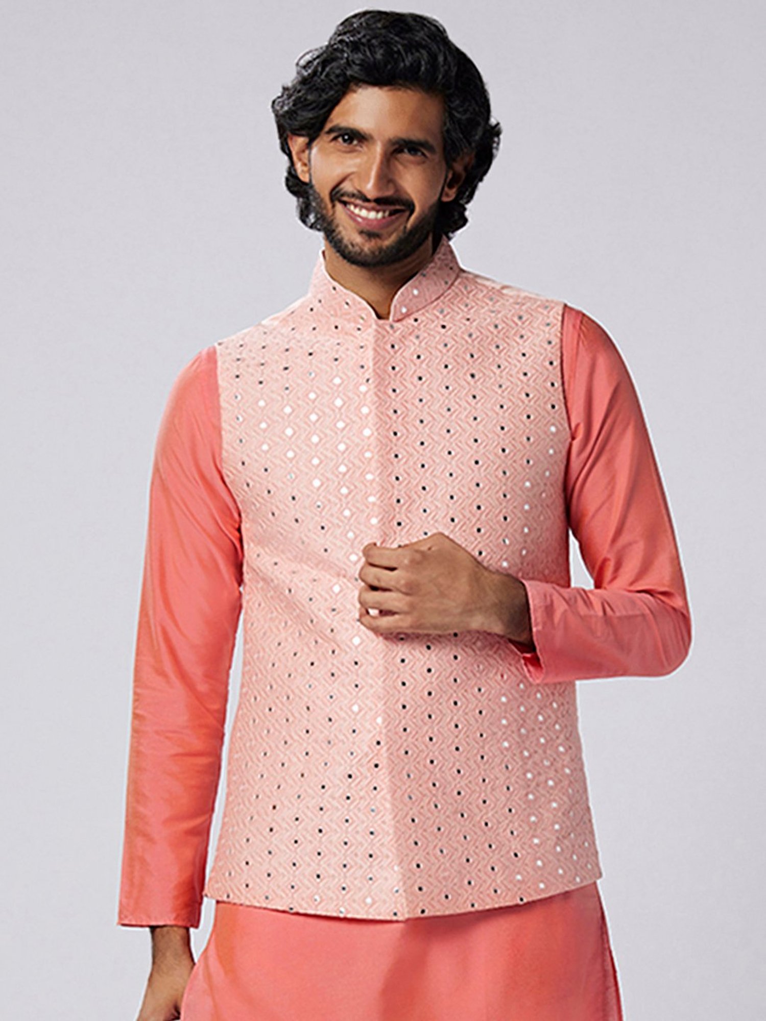 KISAH Light Pink Regular Fit Embellished Nehru Jacket