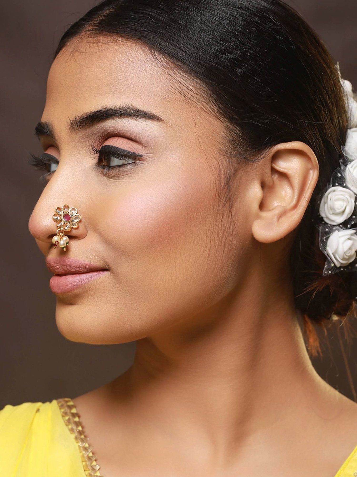 Aatmana Kundan Flower Green Nosepin for Women - Set of 2