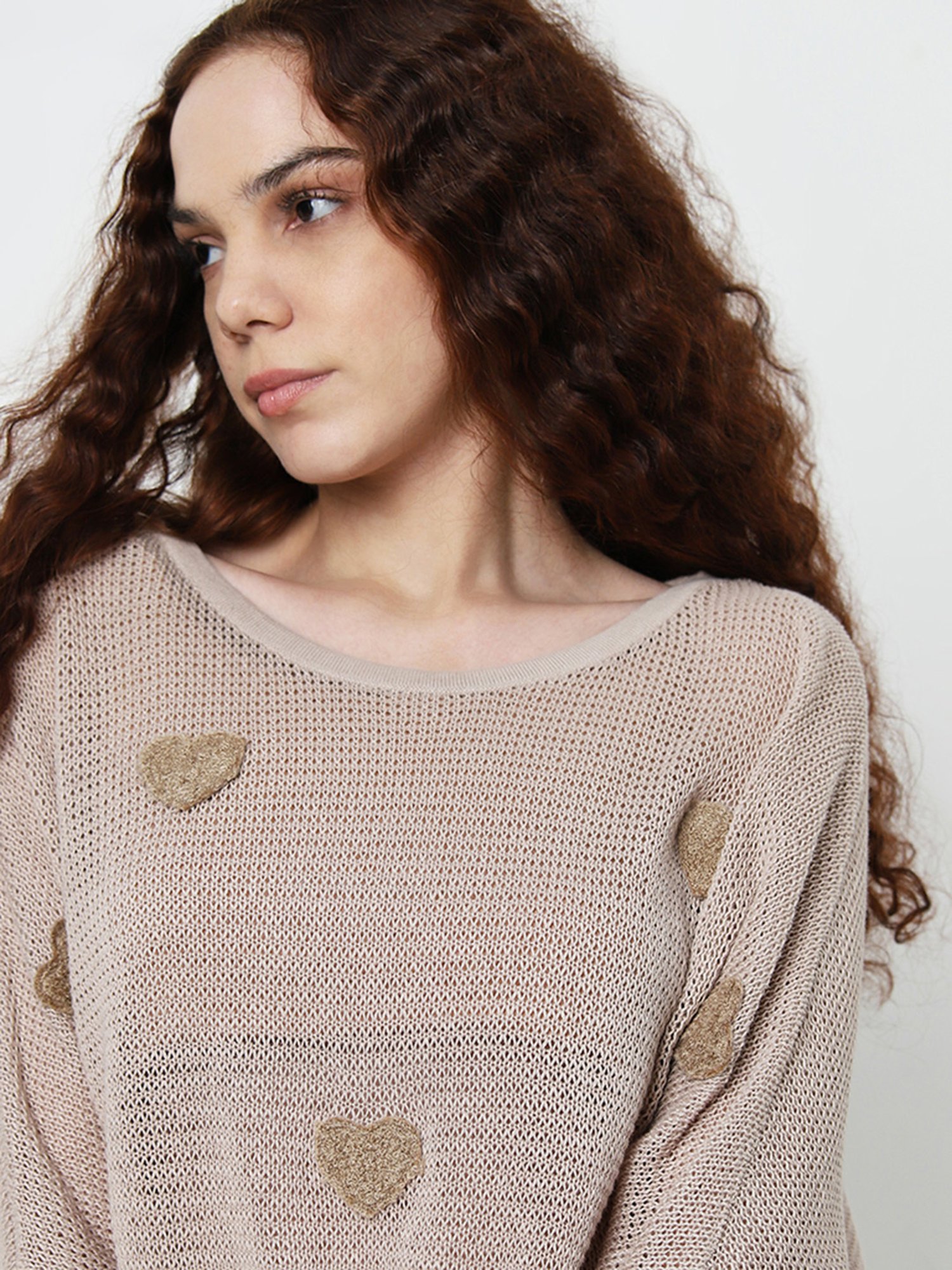 Nuon by Westside Beige Heart Embroidered Knitted Cotton Sweater