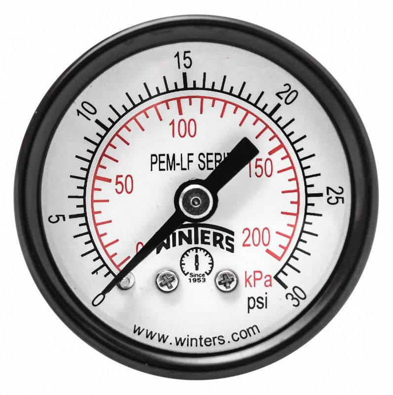 Winters Gauge, Pressure, 1-1/2in., 0 to 30 psi   PEM1400LF