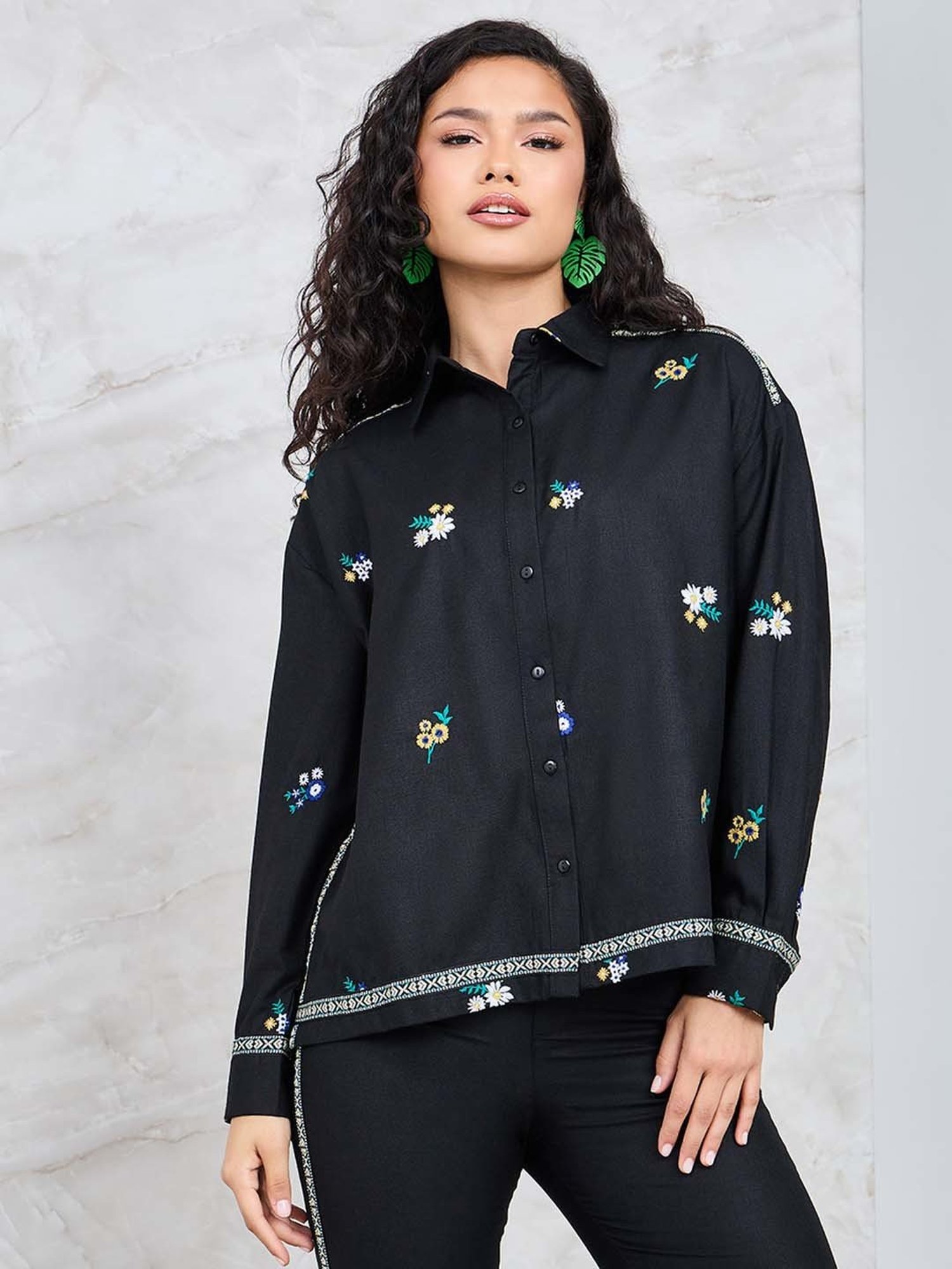 Styli Black Embroidered Shirt Pants Set