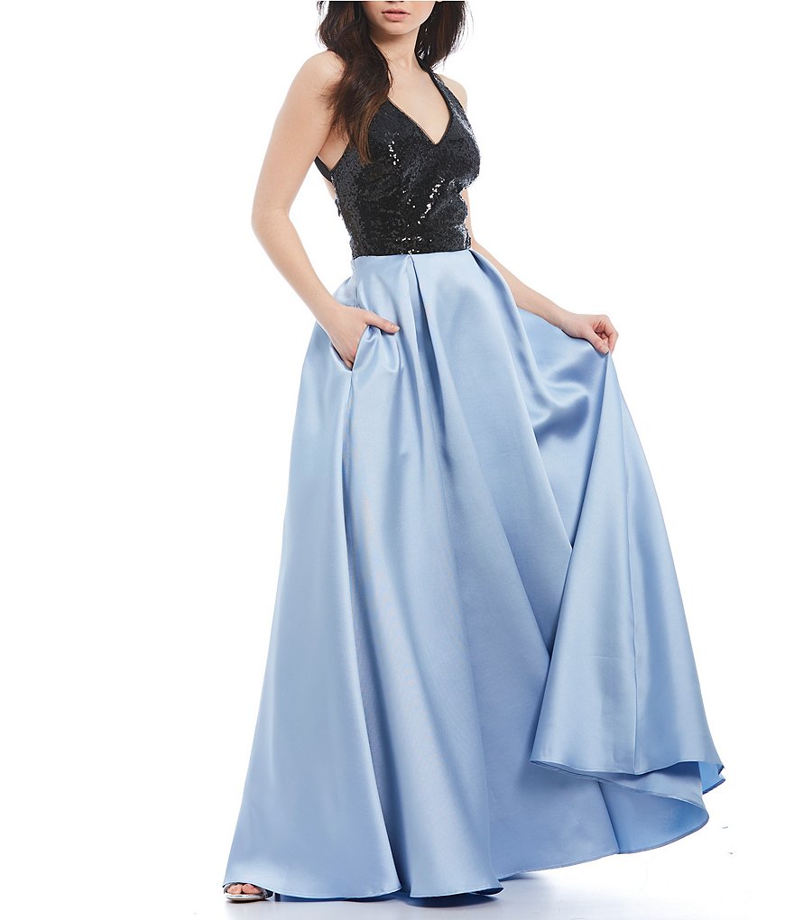 Teeze Me Sequin Bodice Color-Block Ball Gown