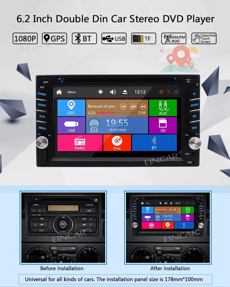 6.2" Touch Screen Car Stereo Double Din Car DVD Player GPS Navigation 2 Din in Dash Bluetooth FM/AM RDS Radio Receiver 1080P Video CD/TF/USB/AUX-in/Subwoofer/SWC+Remote Control-Free Rear View Camera