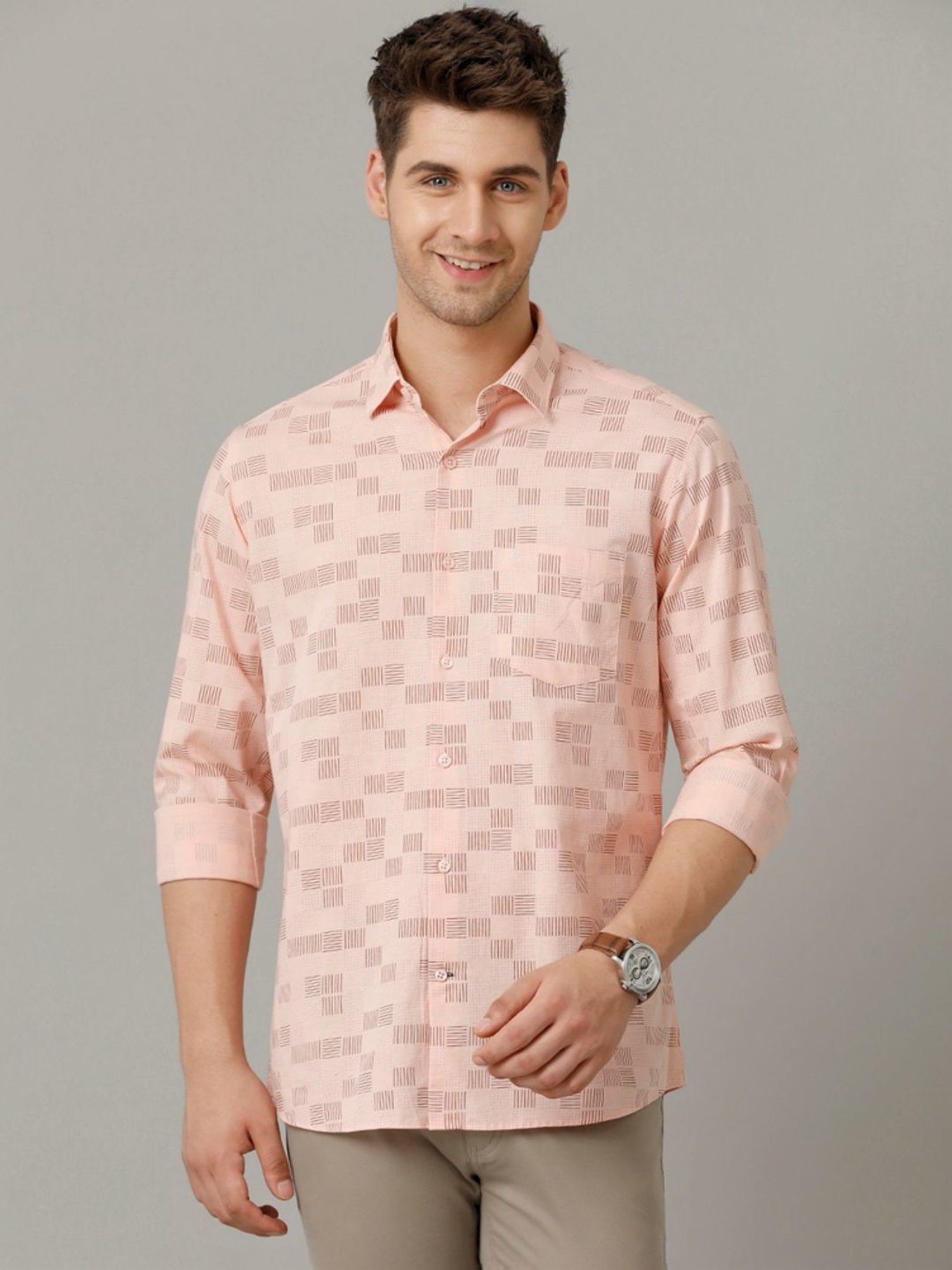 Cavallo By Linen Club Pink Linen Contemporary Fit Printed Shirt