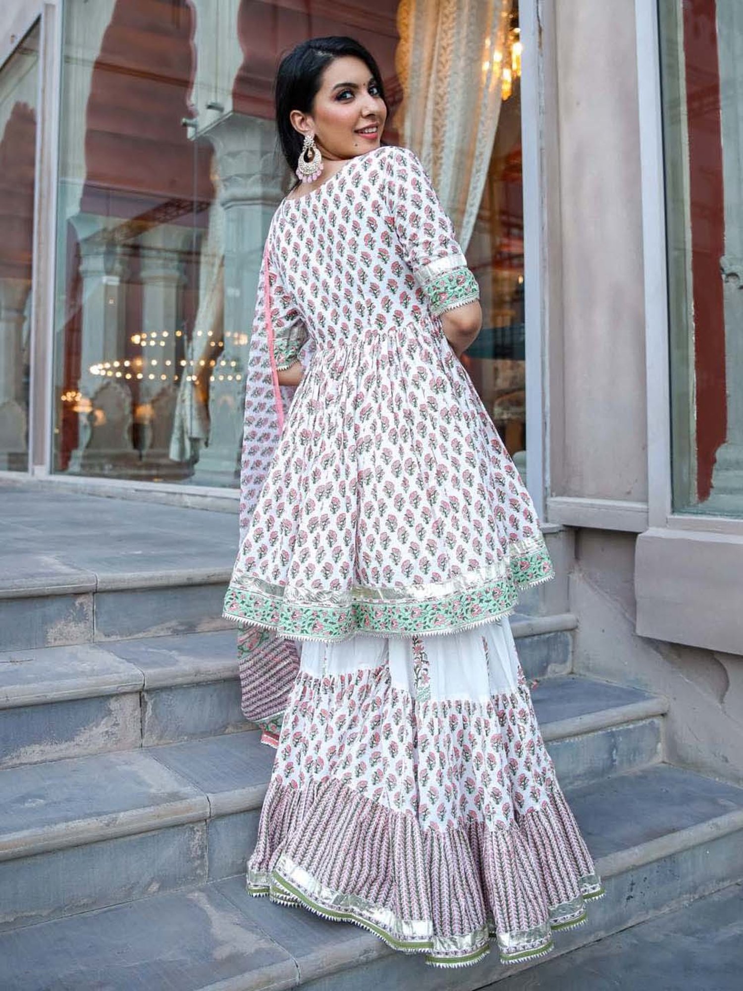 AACHHO White Cotton Floral Print Kurti Sharara Set With Dupatta