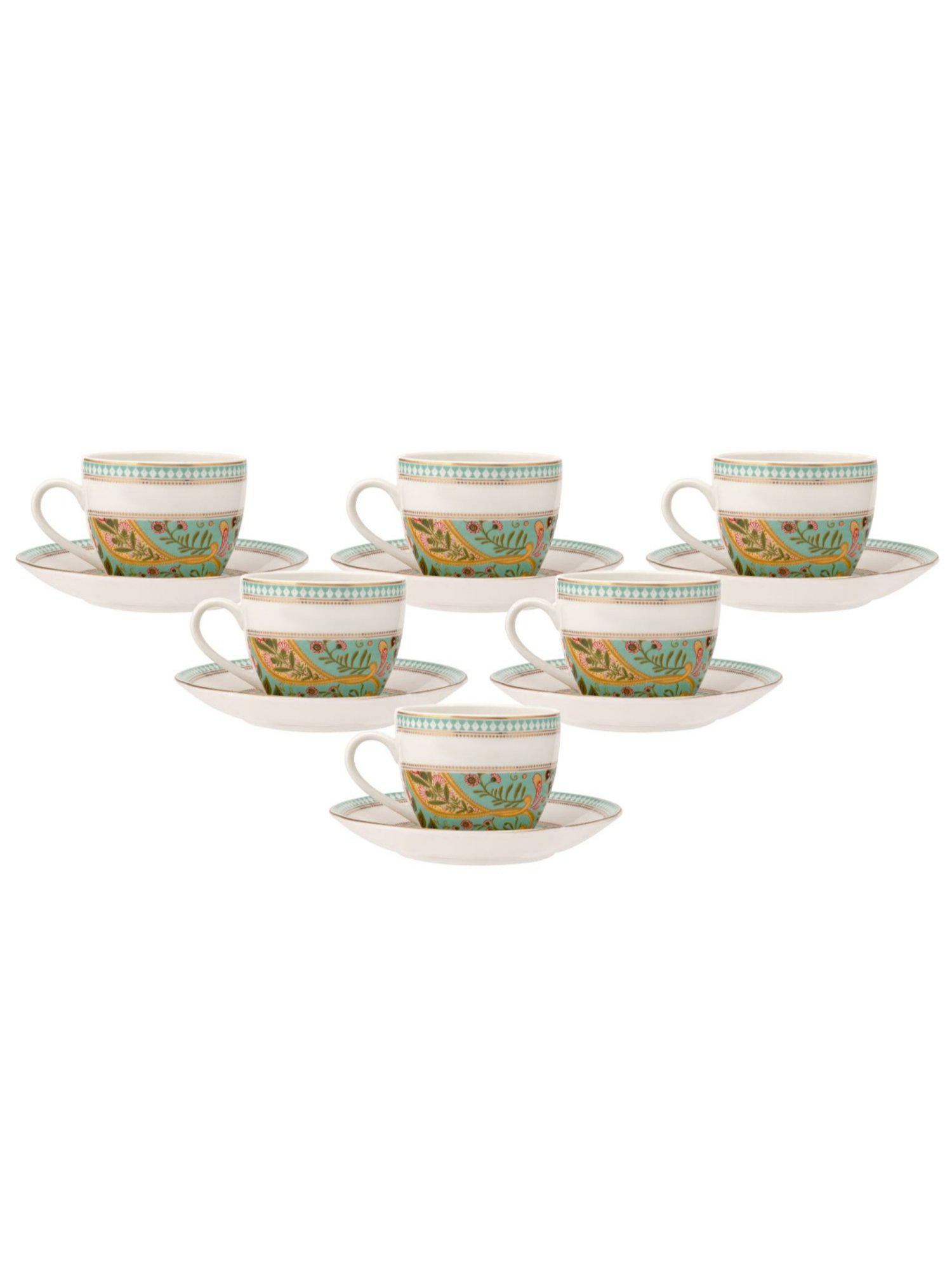 Clay Craft Printed Green Colour Gold Line Fine Ceramic Cup Saucer Set of 12, 180 ml