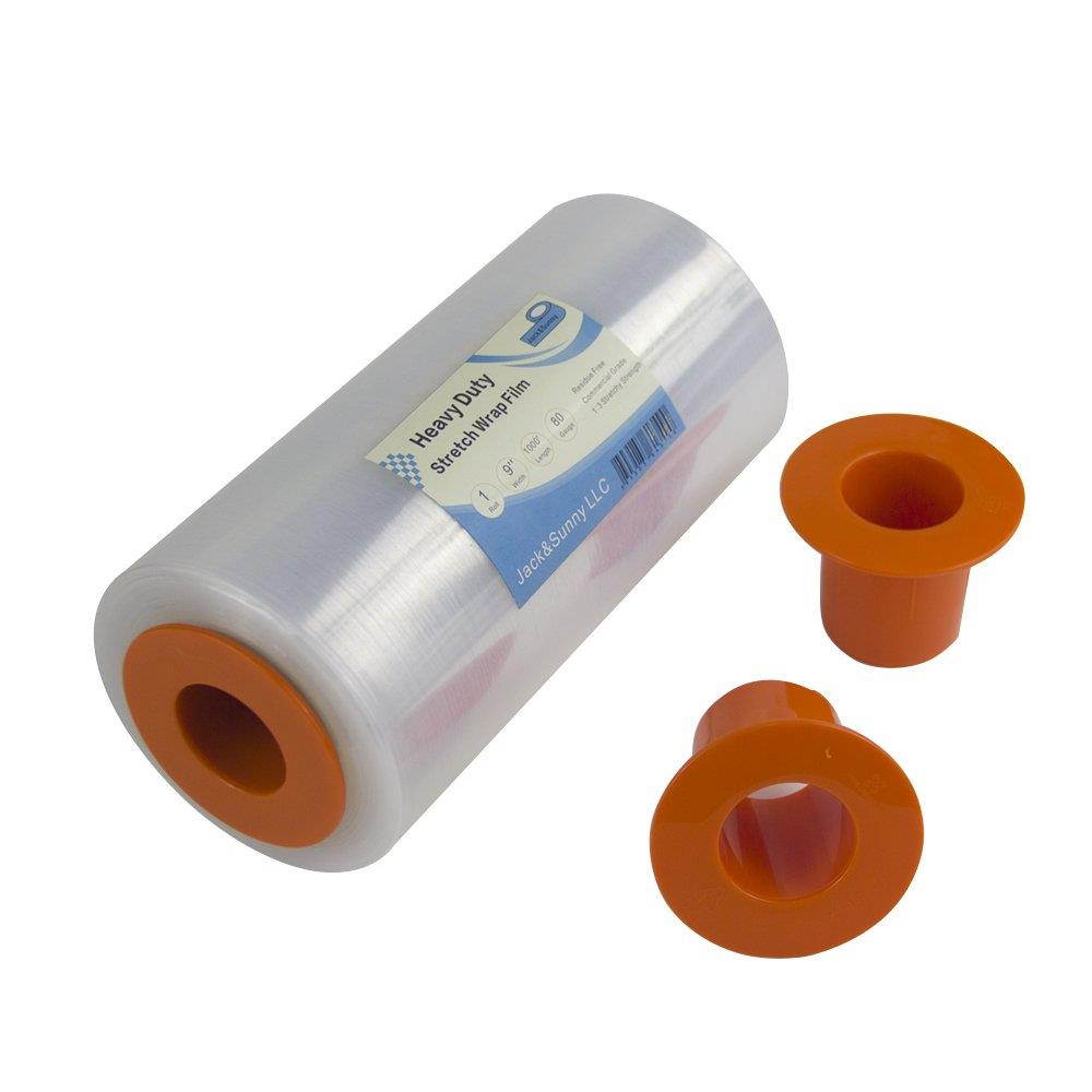 Jack&Sunny Stretch Wrap 9''x 1000 Ft 80 Gauge with 1 Pair of Plastic Hand Saver for Moving Shipping Packing Depot&Storage Industrial Hand Stretch wrap Film Clear (Clear with Hand Saver, 1-roll)