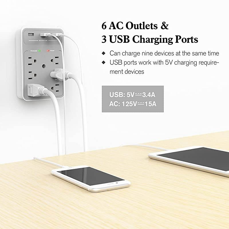 6 AC Outlets Surge Protector with 3 USB Charging Ports 34 Amp SMD607
