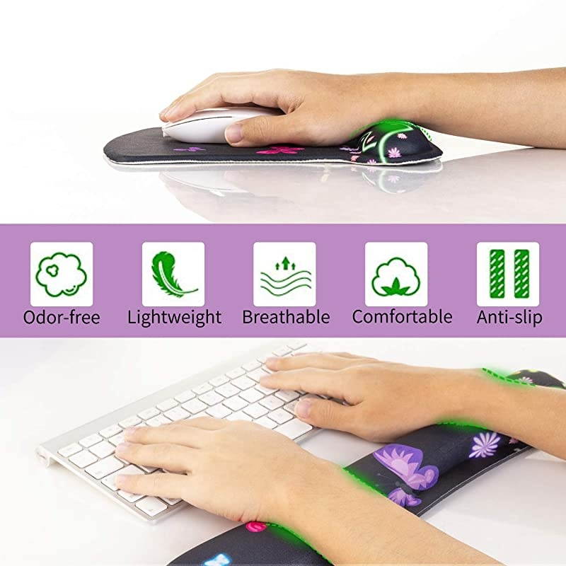 Ergonomic Memory Foam Keyboard and Mouse Pad Wrist Rest Support Set, Non-Slip Office Work Desk Mouse Pad Wrist Set by (Nice Butterfly & Flower)