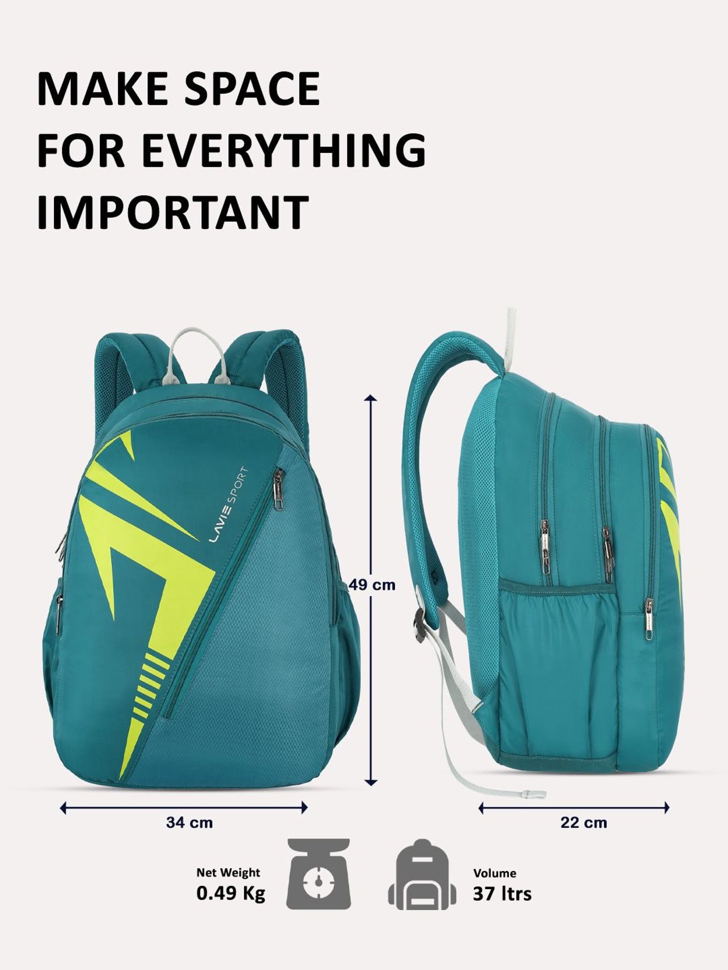 Lavie Sport Tribal 37L College Bag For Boys & Girls|Backpack For Men & Women (Teal)