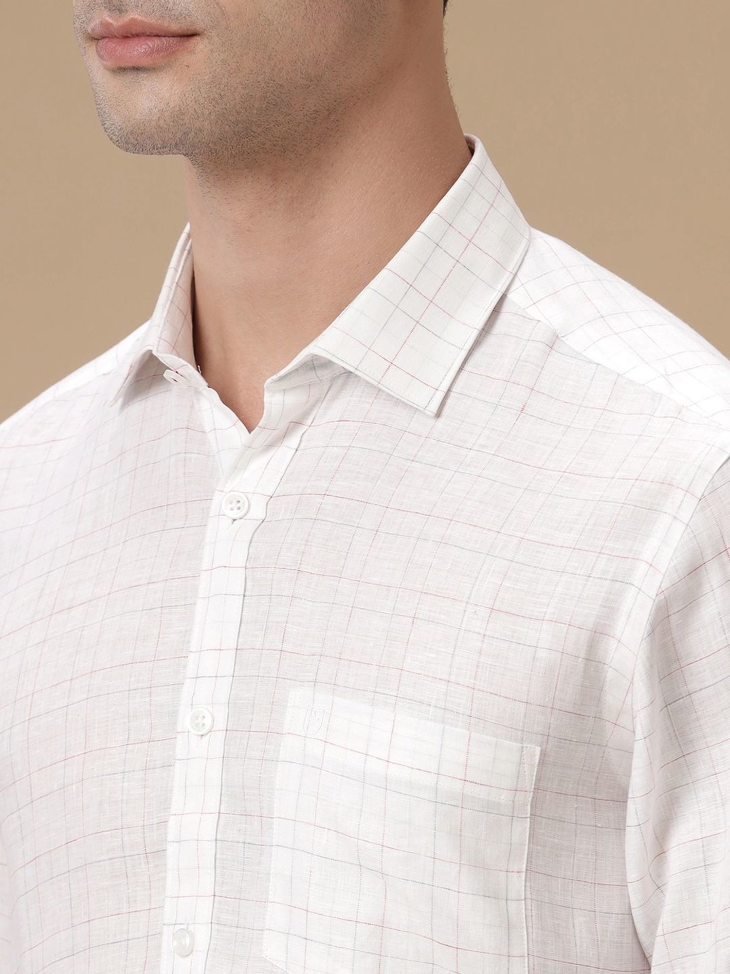 Linen Club White Linen Contemporary Fit Checks Shirt