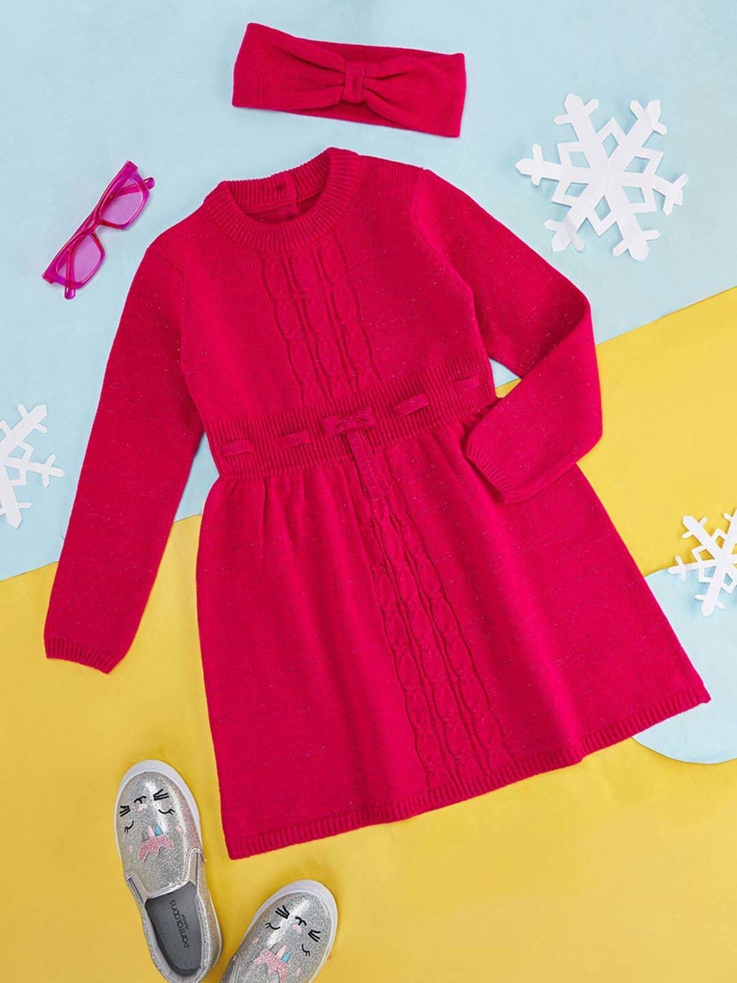 Pantaloons Junior Fuchsia Pink Regular Fit Full Sleeves Sweater Dress