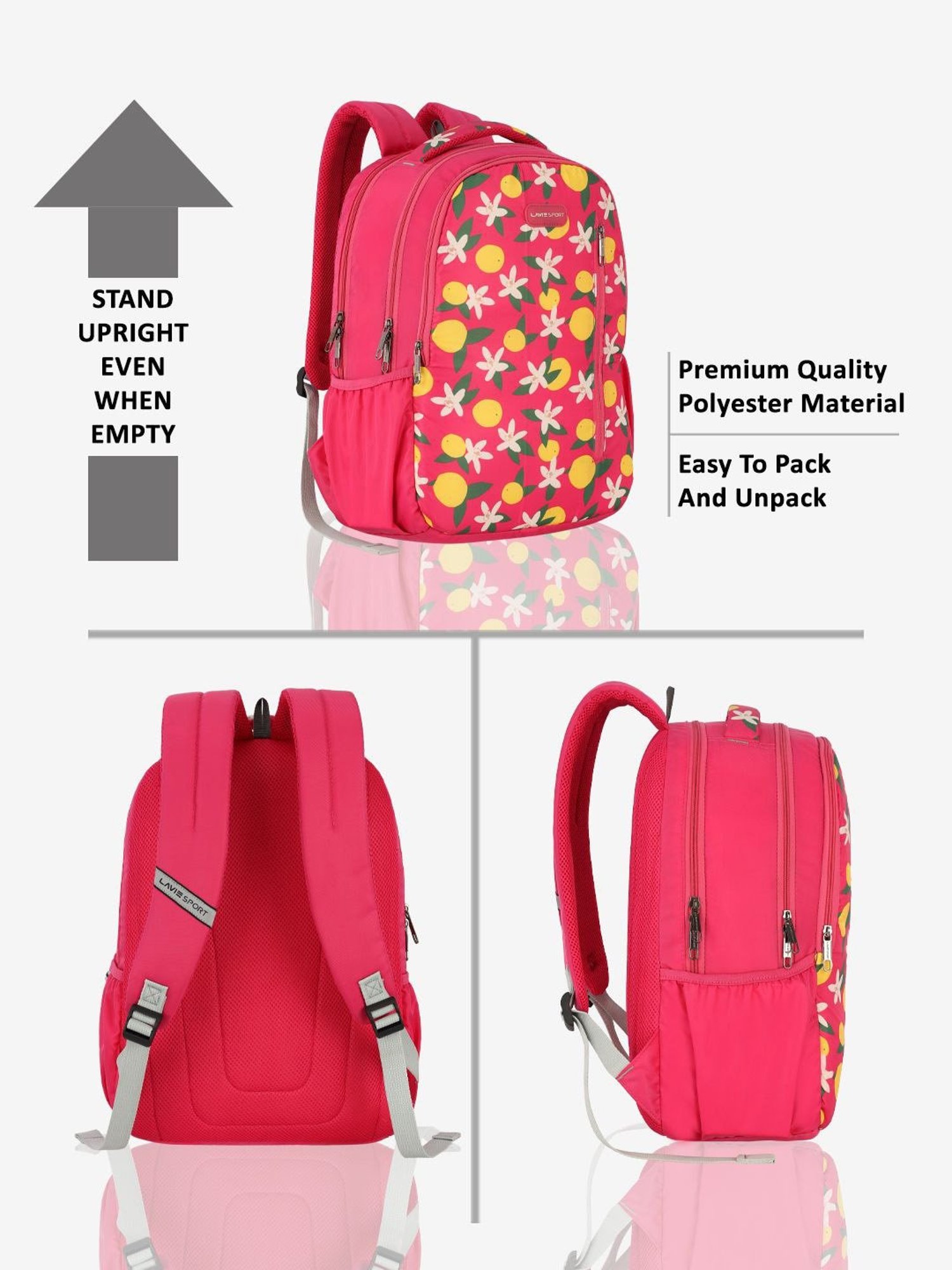 Lavie Sport Lime 26L Floral Printed School Backpack for Girls (Magenta)