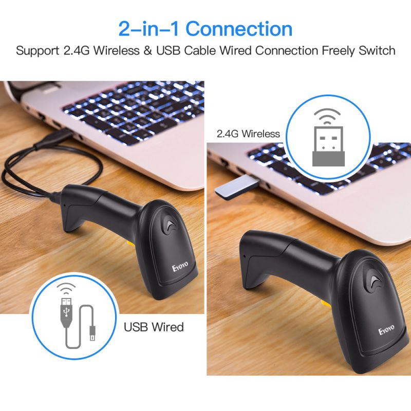 Eyoyo Wireless 1D Barcode Scanner, Handheld 2-in-1 2.4GHz Wireless & USB Wired Connection Barcode Reader 1D Image Scanner with USB Receiver Work with Computer PC POS for Warehouse Supermarket