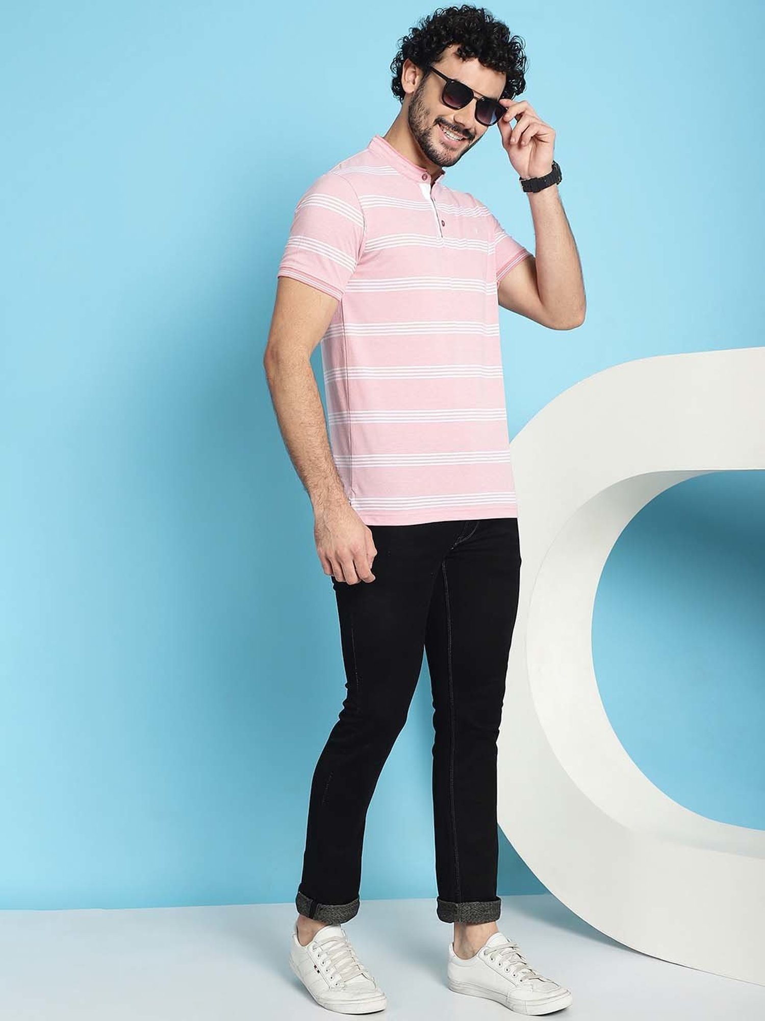 Venitian- Forbidden Clothing Pink Slim Fit Striped Crew T-Shirt