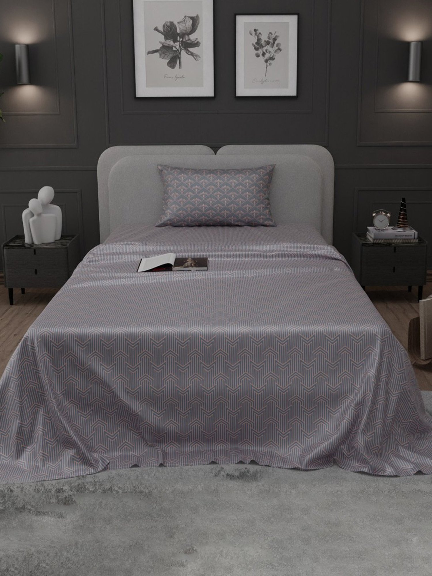 Stoa Paris Elegance Grey Polyester 300 TC Sateen Single Size Bed Sheet With 1 Pillow Cover