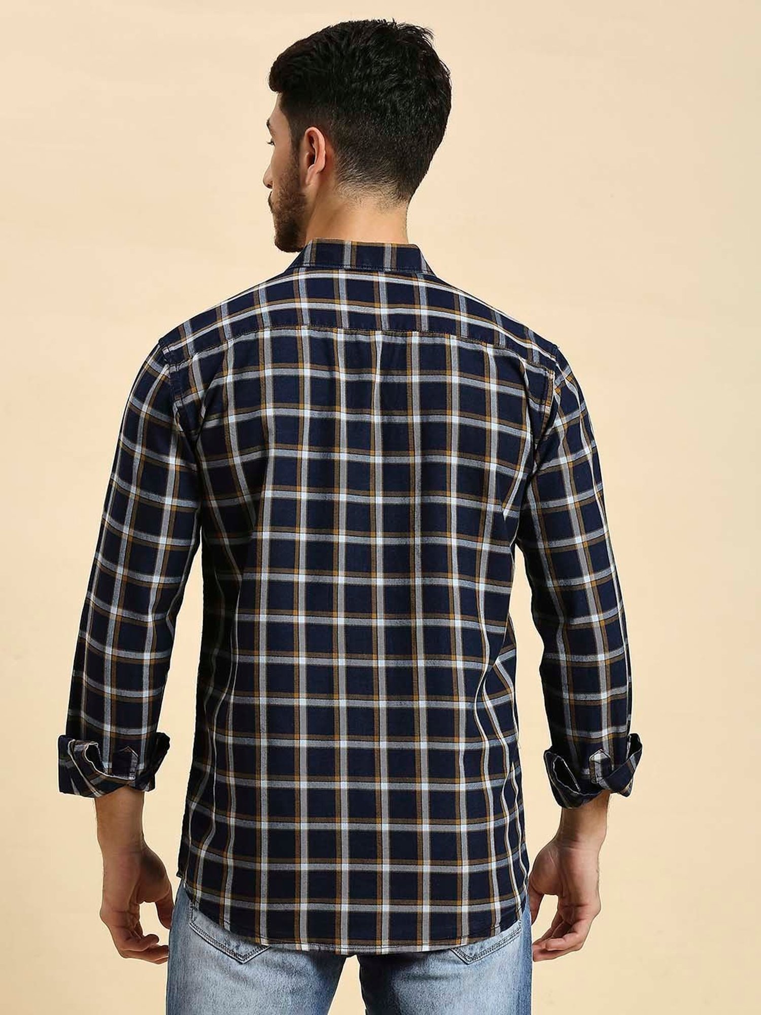 HJ HASASI Navy Slim Fit Check Cotton Shirt