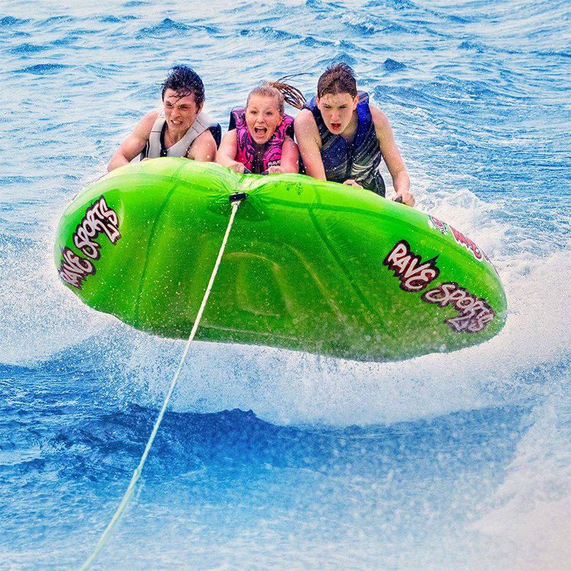 RAVE Sports 02463-RV Mambo 3 Rider Nylon Inflatable Lake Towable Boat Tube Float with Foam Handles and Neoprene Knuckle Guards, Green