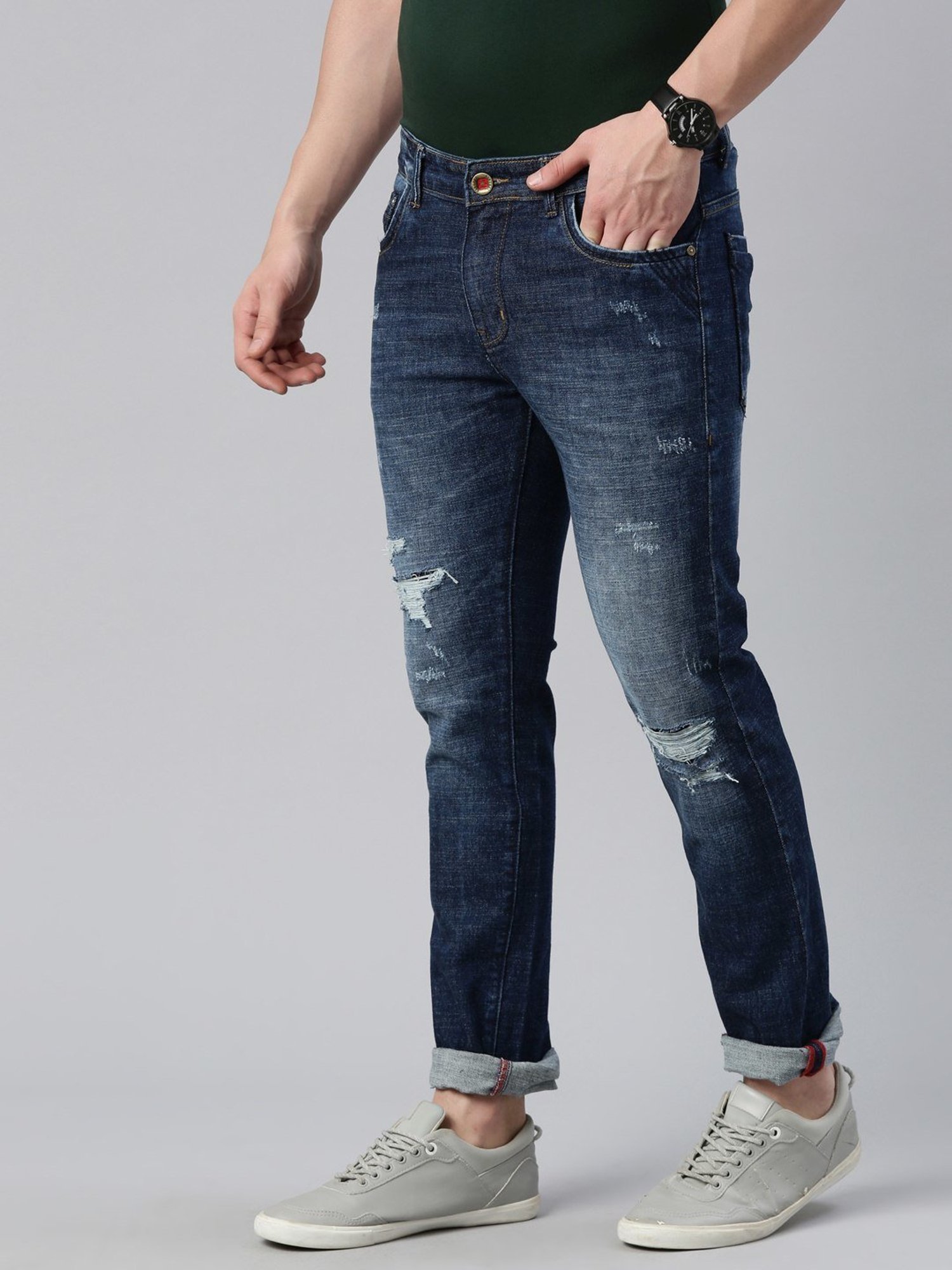 CINOCCI Blue Cotton Slim Fit Distressed Jeans