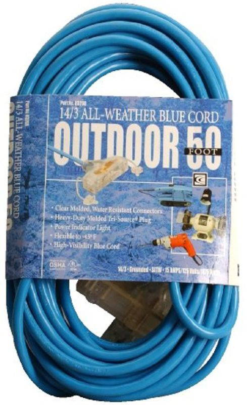 southwire 03268 50-foot 14/3 sjtw cold weather extension cord with 3-lighted outlets, blue