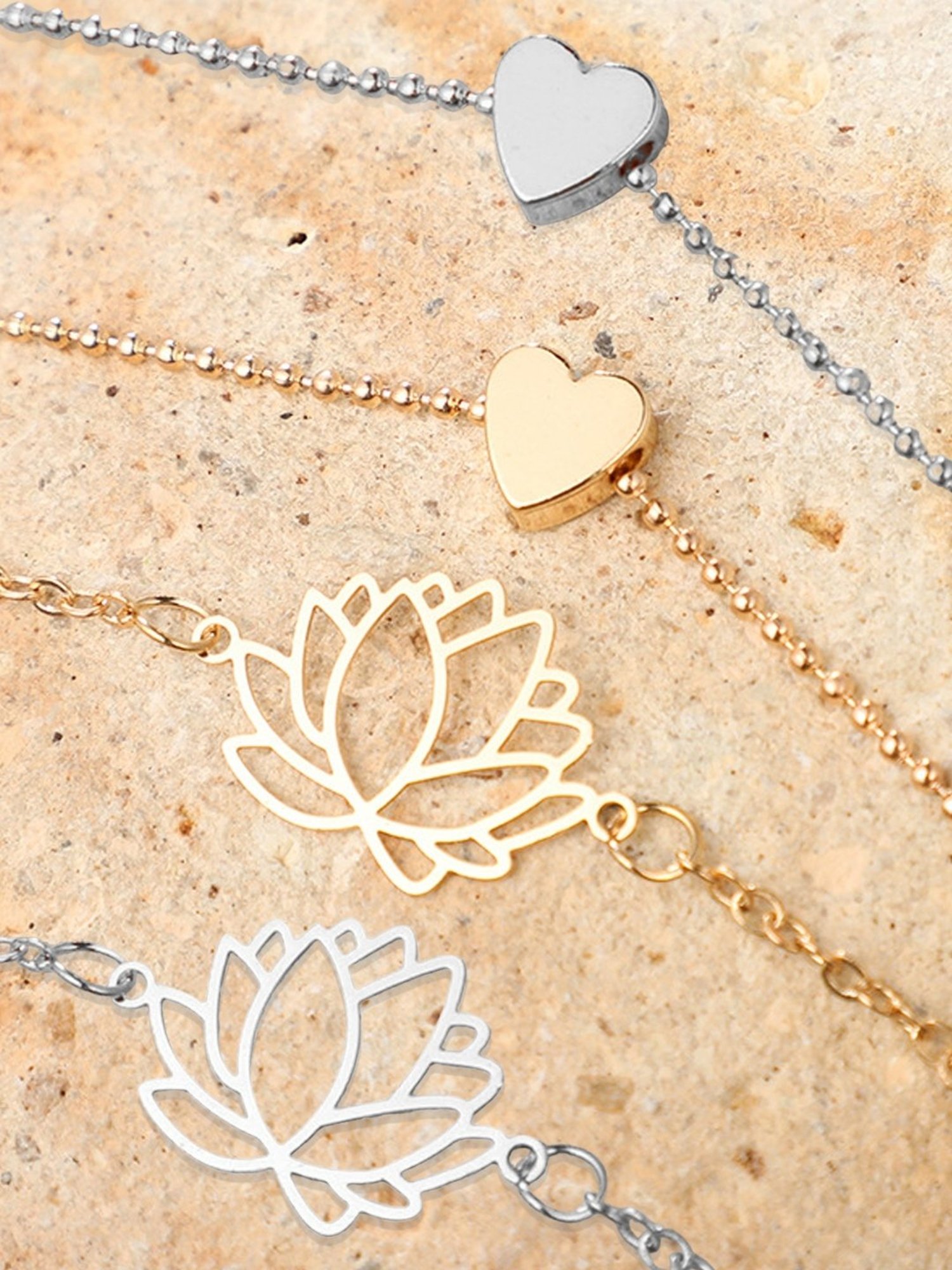 OOMPH Gold & Silver-Tone Lotus & Heart Stylish Latest Anklet for Women - Set of 4